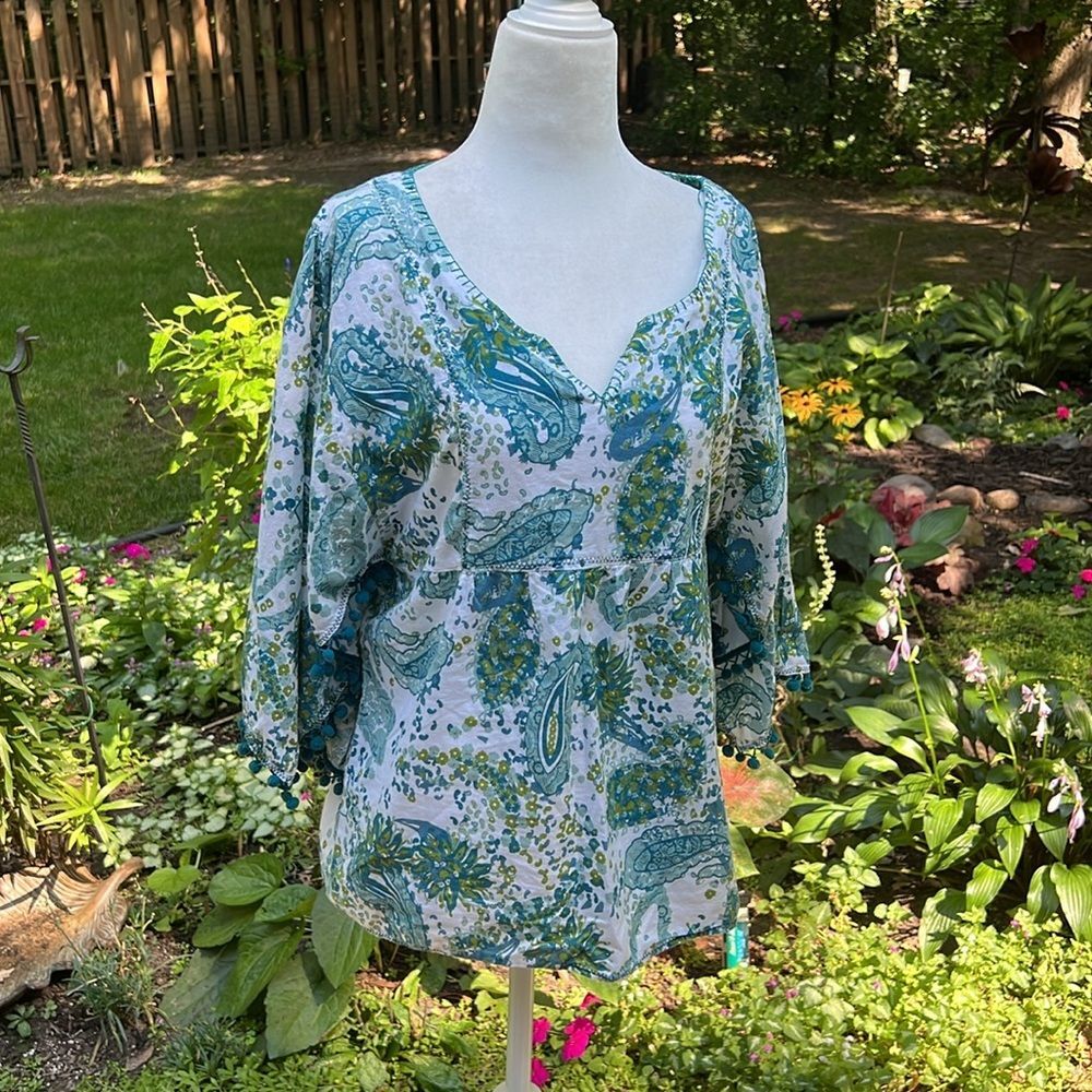 Prana Paisley Pom Pom Boho Blouse Women’s Size Medium